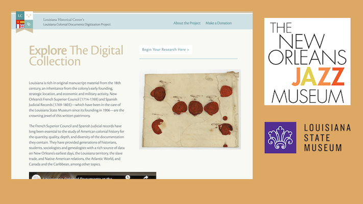 Louisiana Colonial Documents Digitization Project Screenshot with logos from the New Orleans Jazz Museum and the Louisiana State Museum