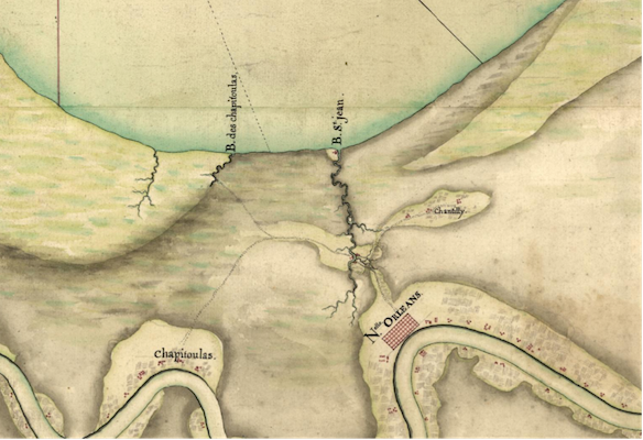 Map depicting the City of New Orleans and the Chantilly area where Biron was enslaved