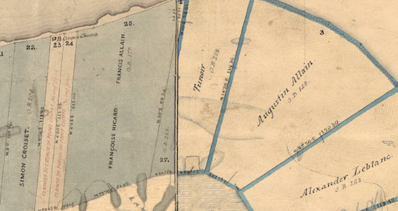 Detail of the Tounoir estate map focusing in on Rciard, Allen, and Leblanc plantations